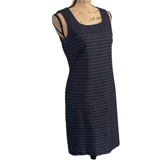 Ann Taylor 100% Silk Tank Shift Dress Navy White Pinstripes Size 2 - Picture 2 of 11